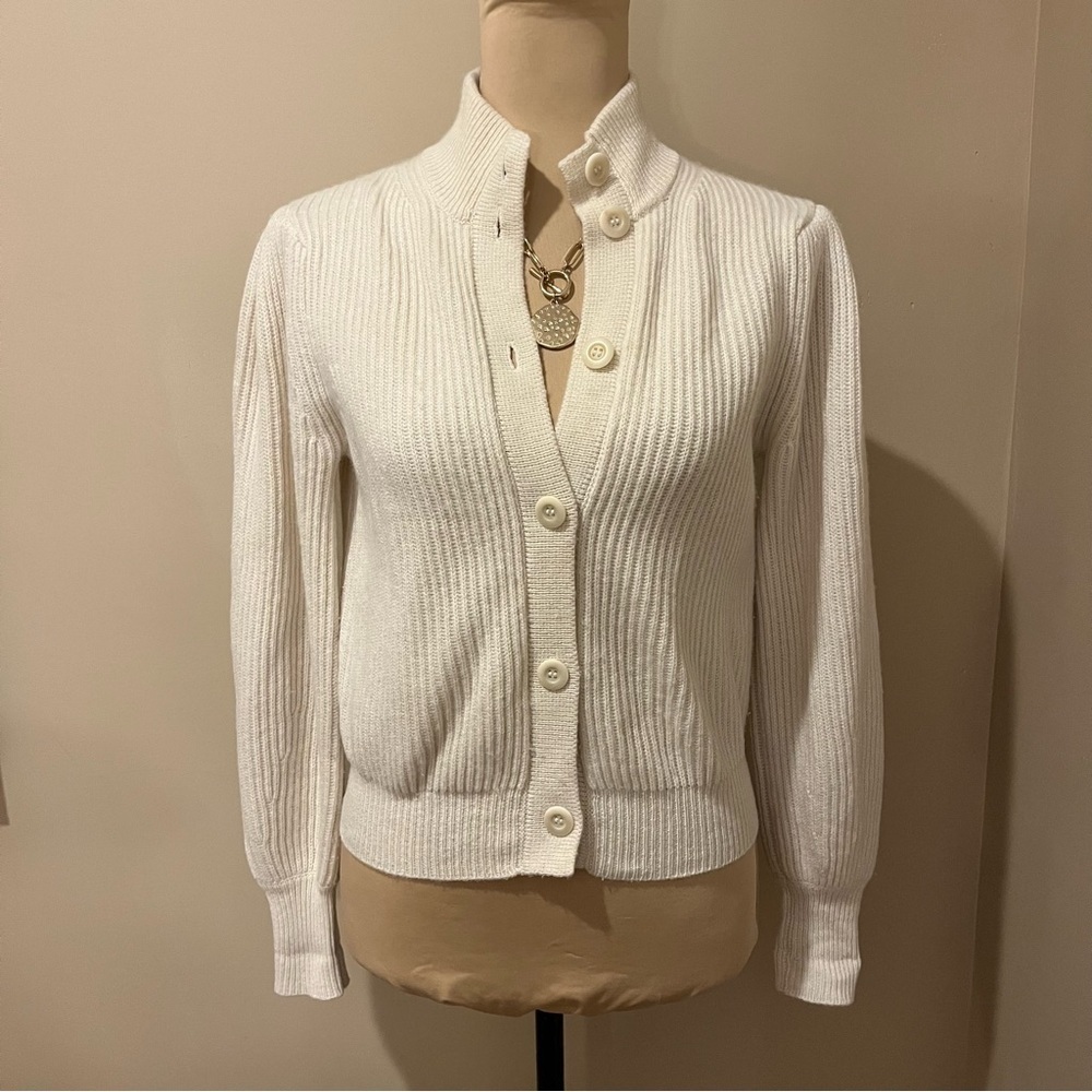 Kinross Cashmere Ribbed Button up Cardigan Mock neck, size Small, color: Pearl